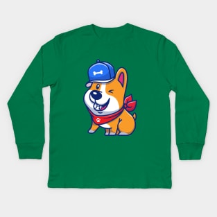 Cute Corgi With Baseball And Bone Hat Kids Long Sleeve T-Shirt